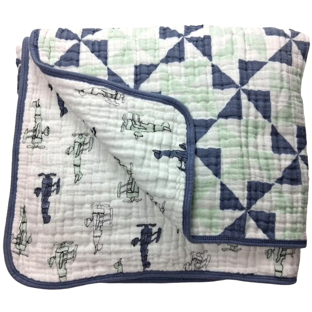 Aden + Anais Dream Blanket Airplane Pinwheel Blue Green White Thicker 40x40 Boy